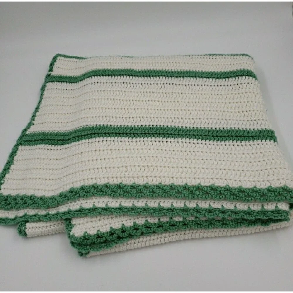 Handmade Crochet Blanket White Green Throw 65x35 Lapghan Knit Gift Cozy Baby